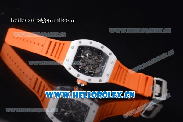 Richard Mille RM 055 Miyota 9015 Automatic Steel Case with Skeleton Dial Dot Markers White Ceramic Bezel and Orange Rubber Strap - Click Image to Close